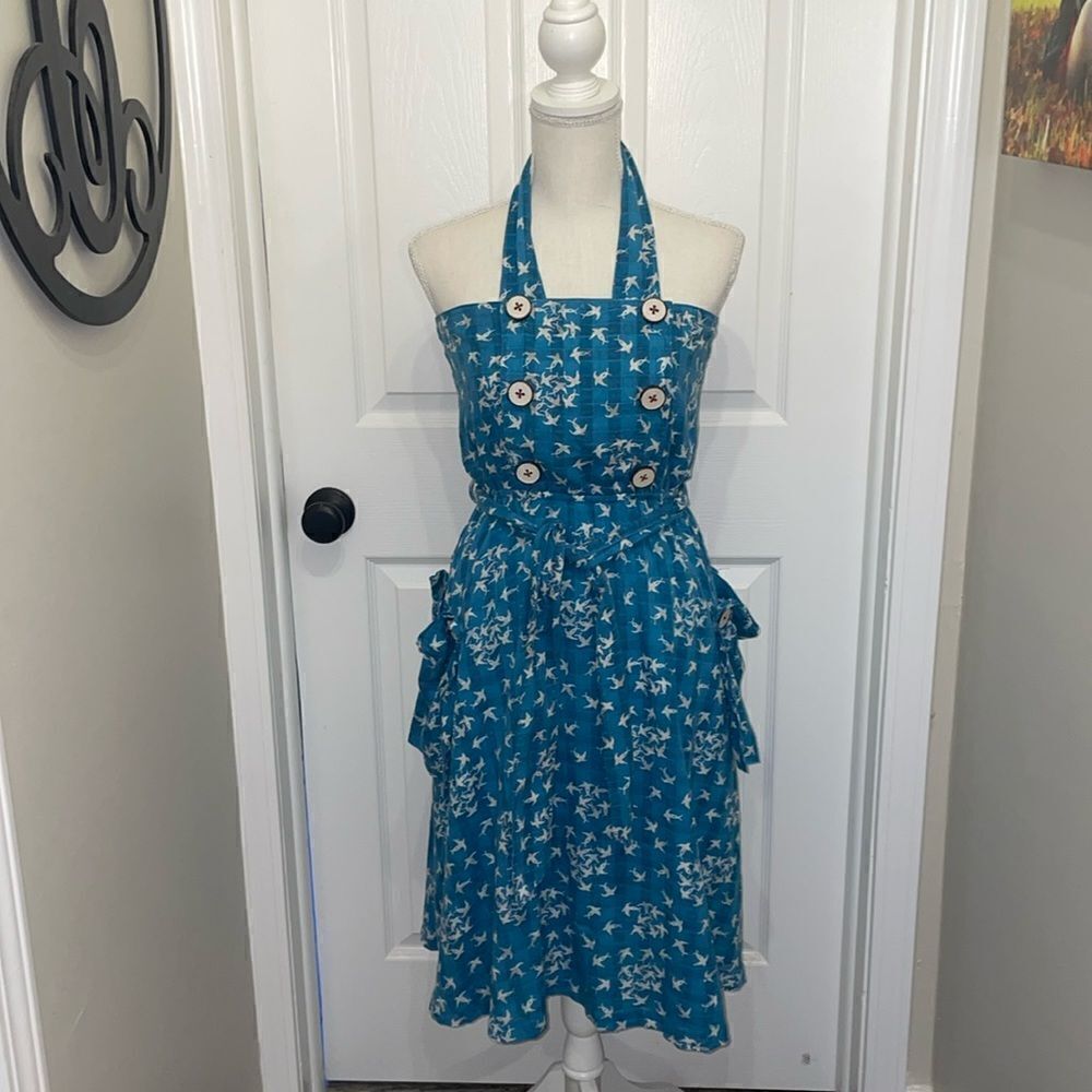 Trovata Blue & White Bird Print Cotton Halter Sundress